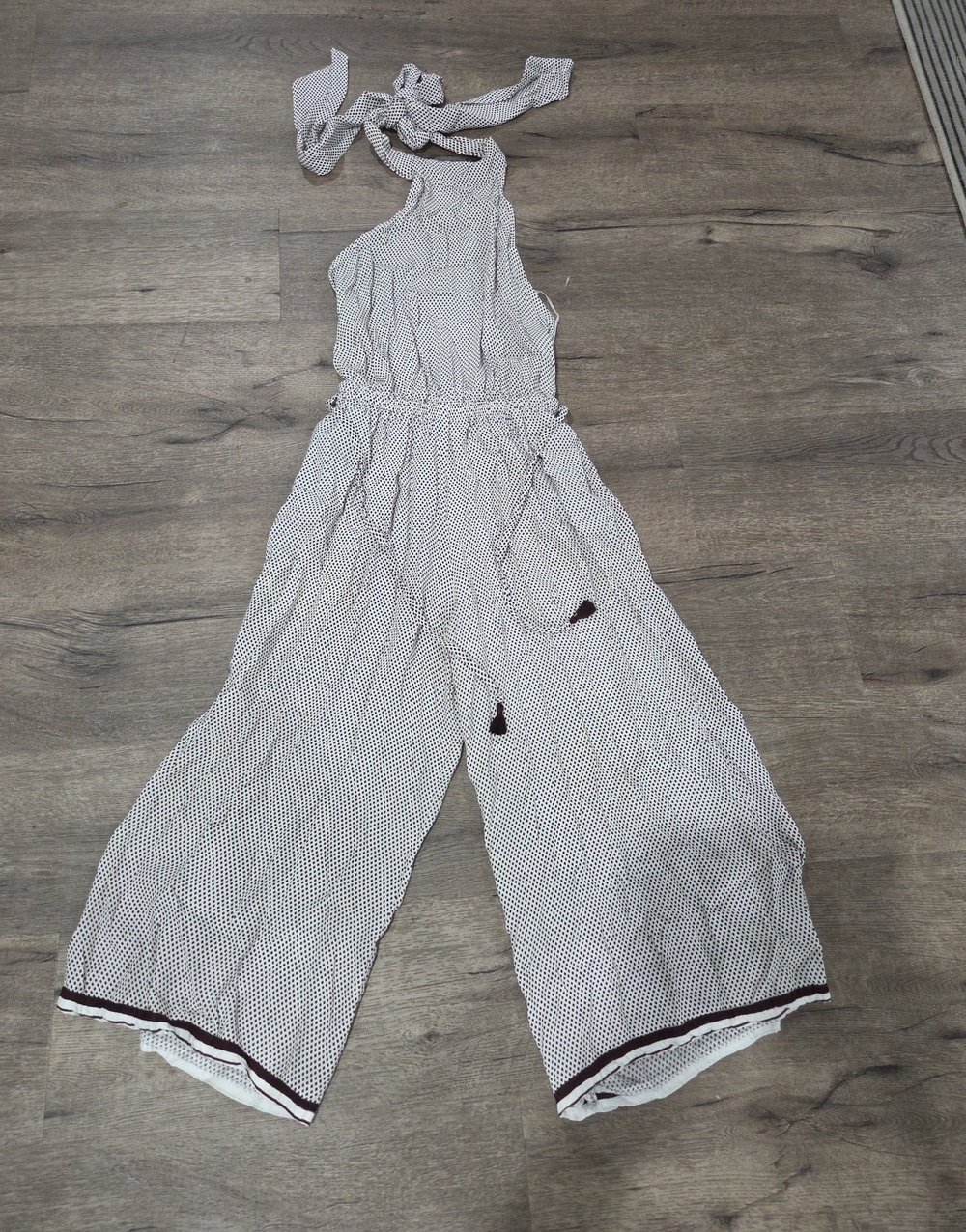 Faithfull the Brand White Polka-Dot Halter Wide-Leg Jumpsuit with Brown Trim